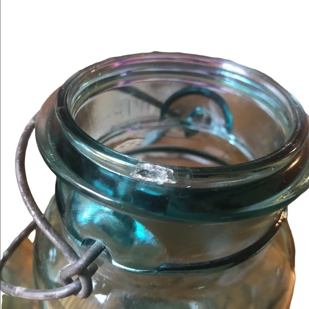 Vintage Ball Ideal Blue Mason Jars Glass Lid Wire Bail Quart Size July 1908